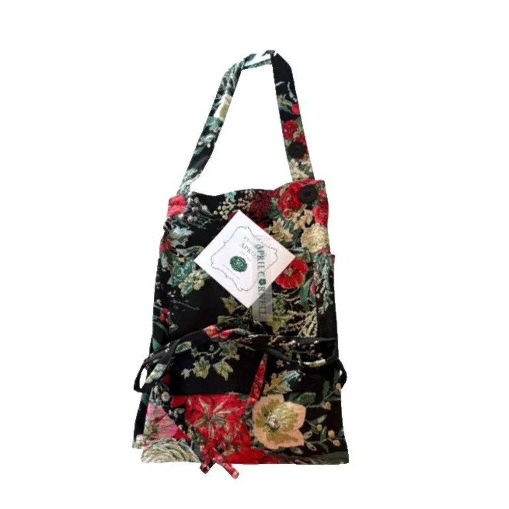 April Cornell Chef Apron Christmas Merry Black French Country Floral 100% Cotton